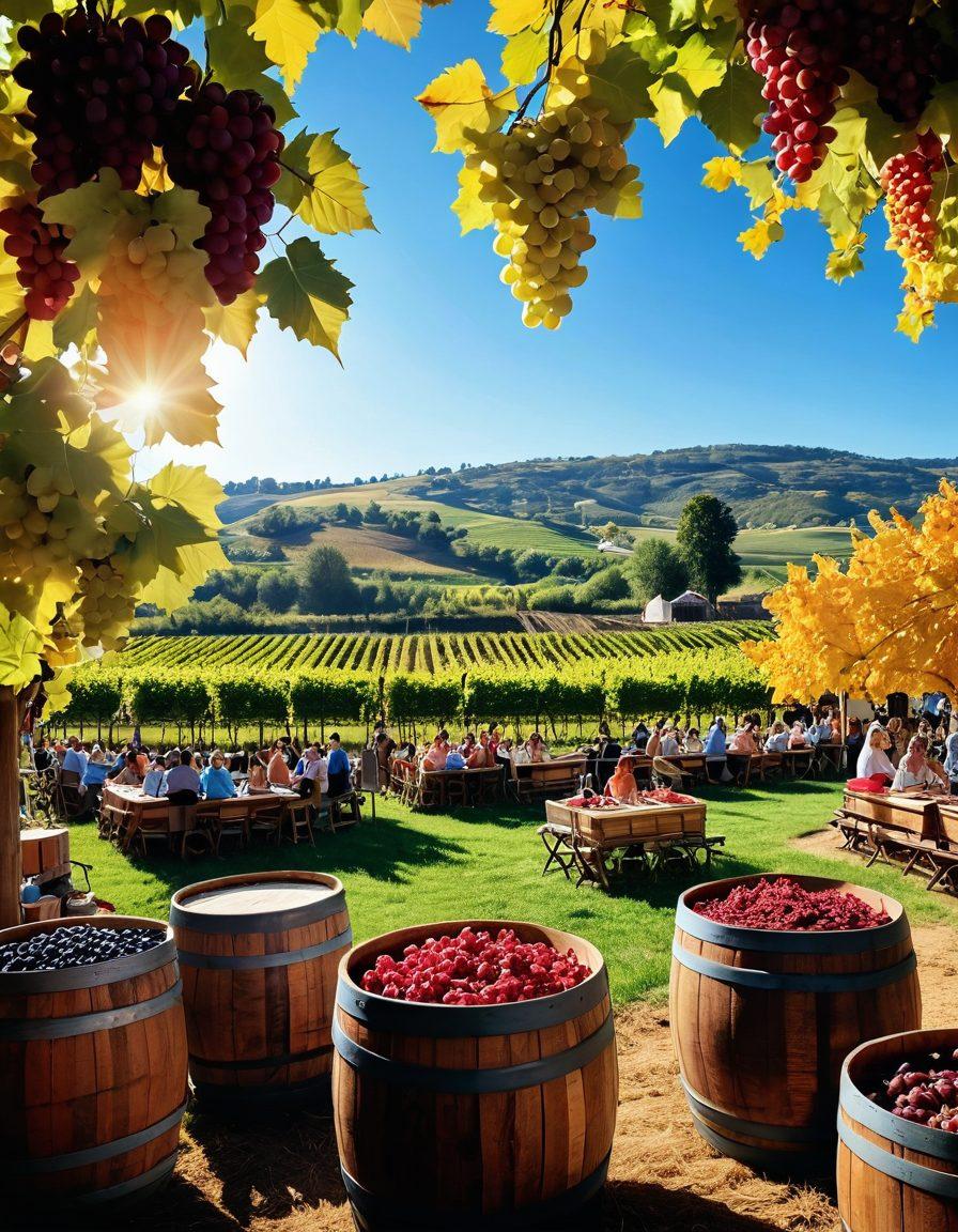 A vibrant vineyard landscape during a wine festival, with colorful decorations, people enjoying wine tastings, and cultural performances in the background. Include grapevines, wooden barrels, and wine glasses filled with various wines, showcasing the joy of wine tourism. Bright sun and a clear blue sky to create a festive atmosphere. super-realistic. vibrant colors.