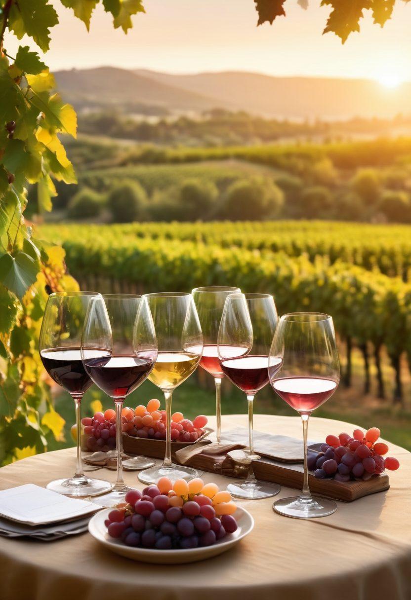 A beautifully arranged wine tasting scene featuring an elegant table set with various wine glasses, each filled with distinct types of wine: red, white, rosé, and sparkling. In the background, lush vineyards stretch under a golden sunset, with vines heavy with grapes. Handwritten labels describe each wine type, inviting exploration and appreciation. Soft, warm lighting enhances the ambiance, creating a cozy atmosphere. painting. vibrant colors. natural setting.