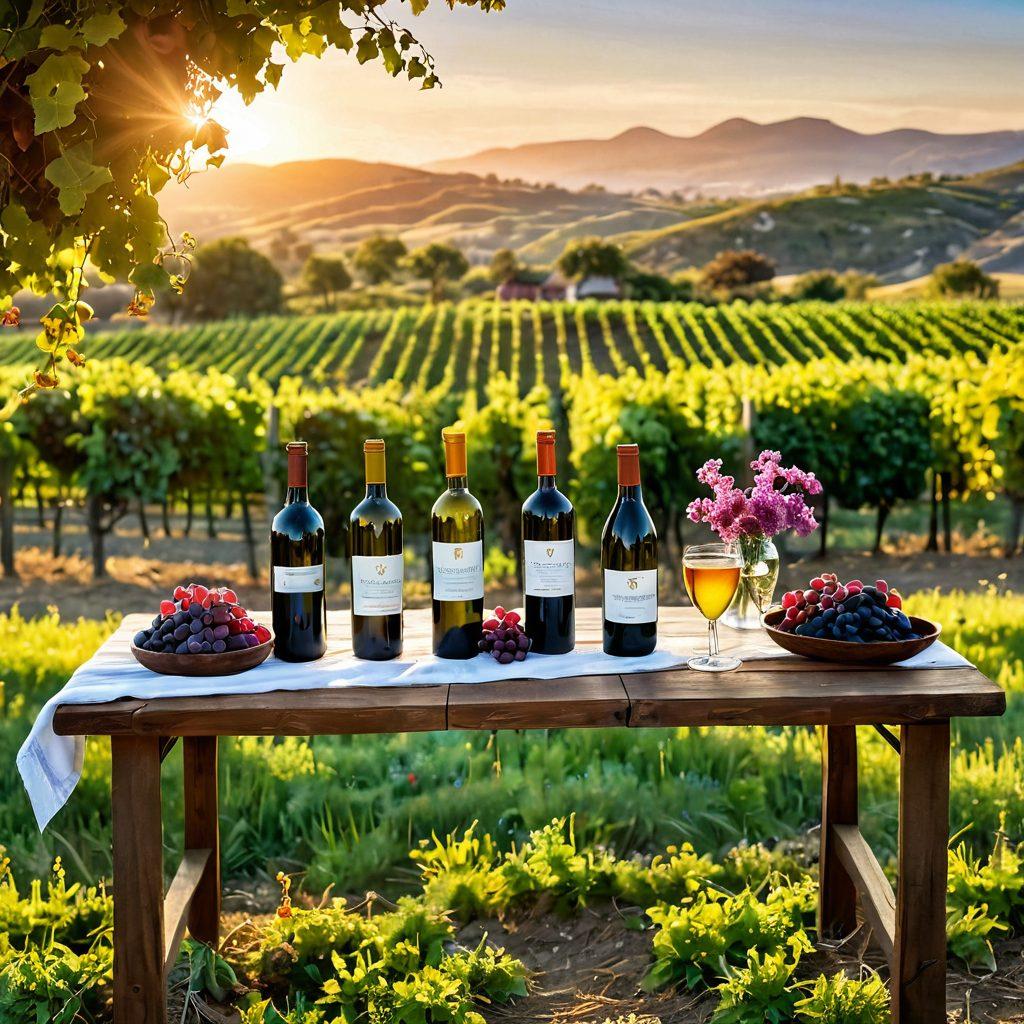 A scenic vineyard landscape with rolling hills and vibrant grapevines, showcasing a variety of wine bottles nestled among the grapes. In the foreground, a rustic wooden table with wine tasting accessories, surrounded by sunlit grapes and colorful wildflowers. The warm golden hour light casts a magical glow over the scene, evoking a sense of tranquility and exploration. super-realistic. vibrant colors. panoramic view.